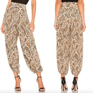 Nili Lotan tan beige black paisley boho print silk Moscow balloon harem pants
